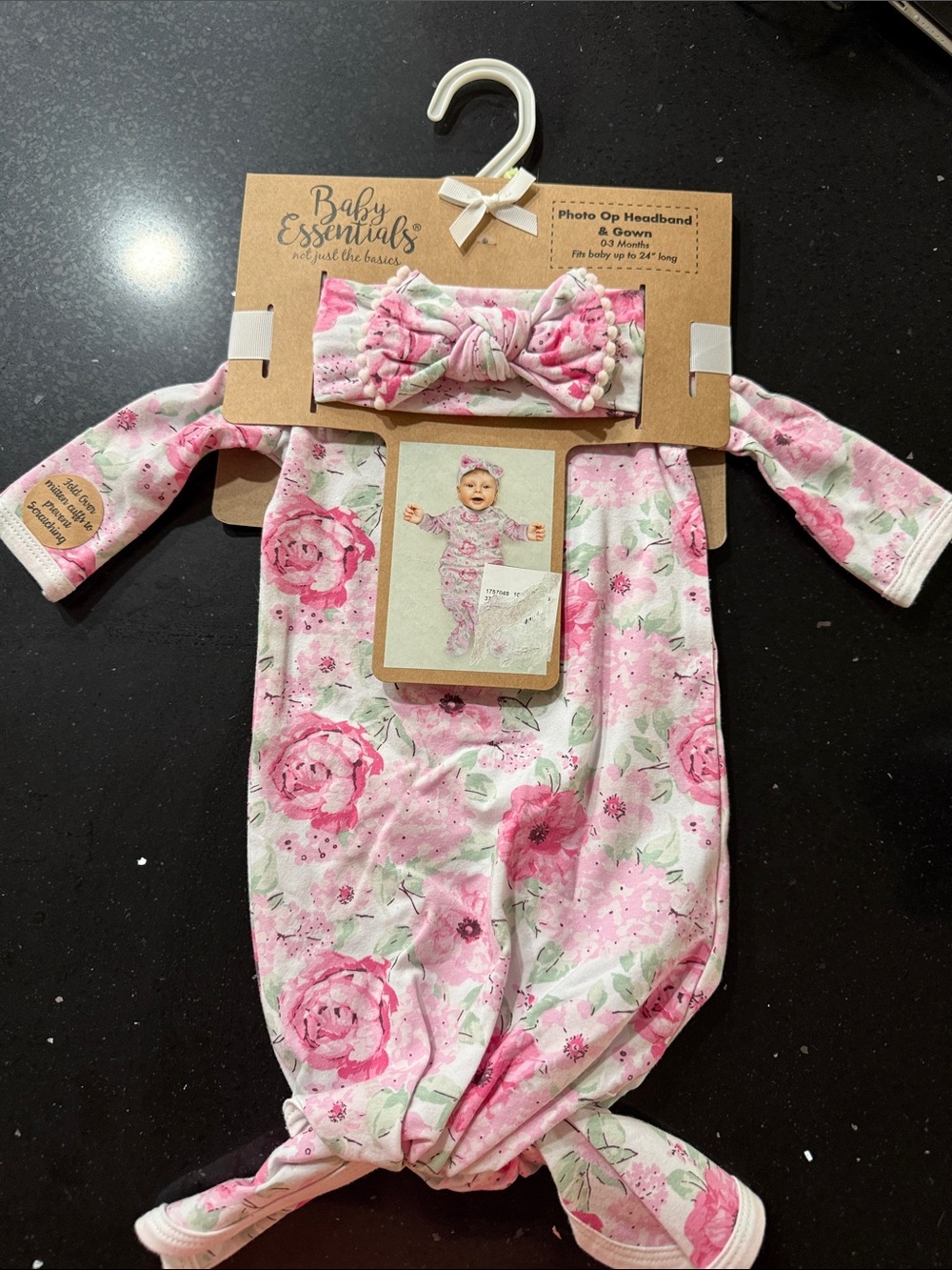 Baby Essentials Pink Floral Knit Gown with Matching Headband
